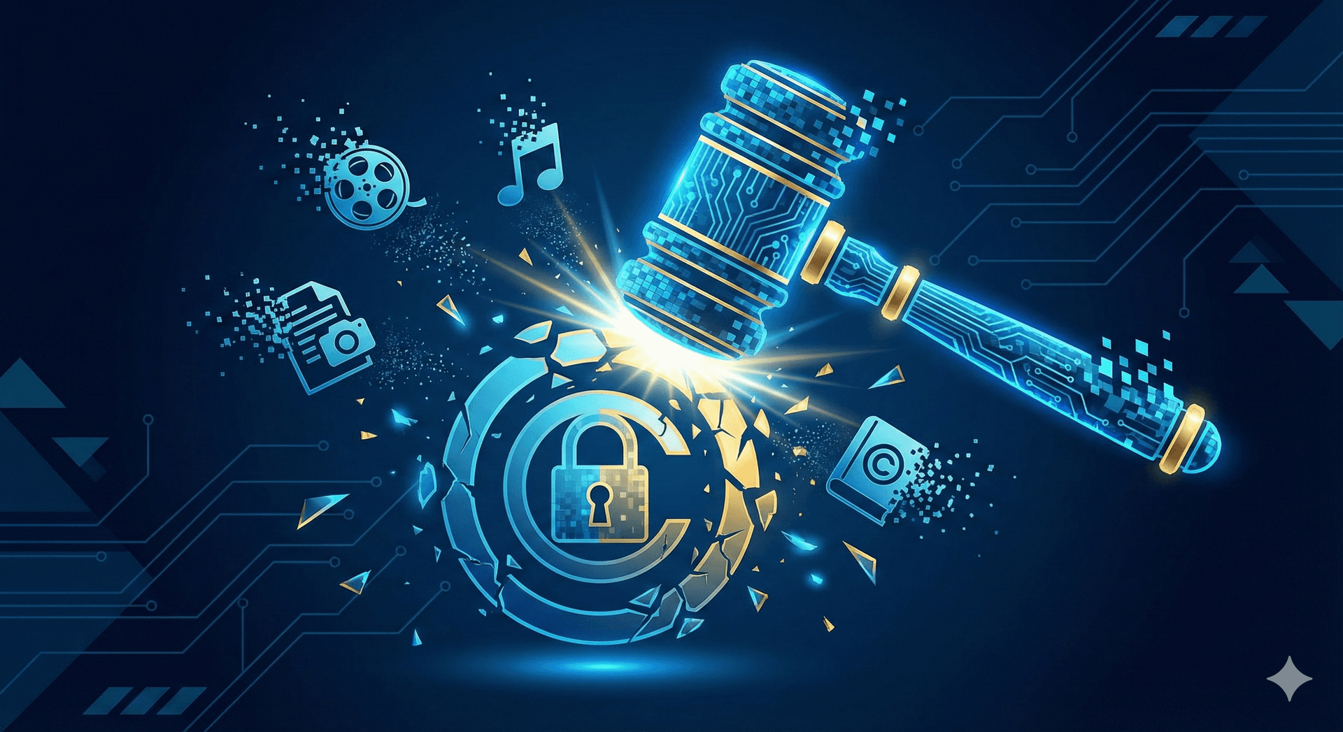 Digital gavel striking against copyright infringement symbols for DMCA takedown
