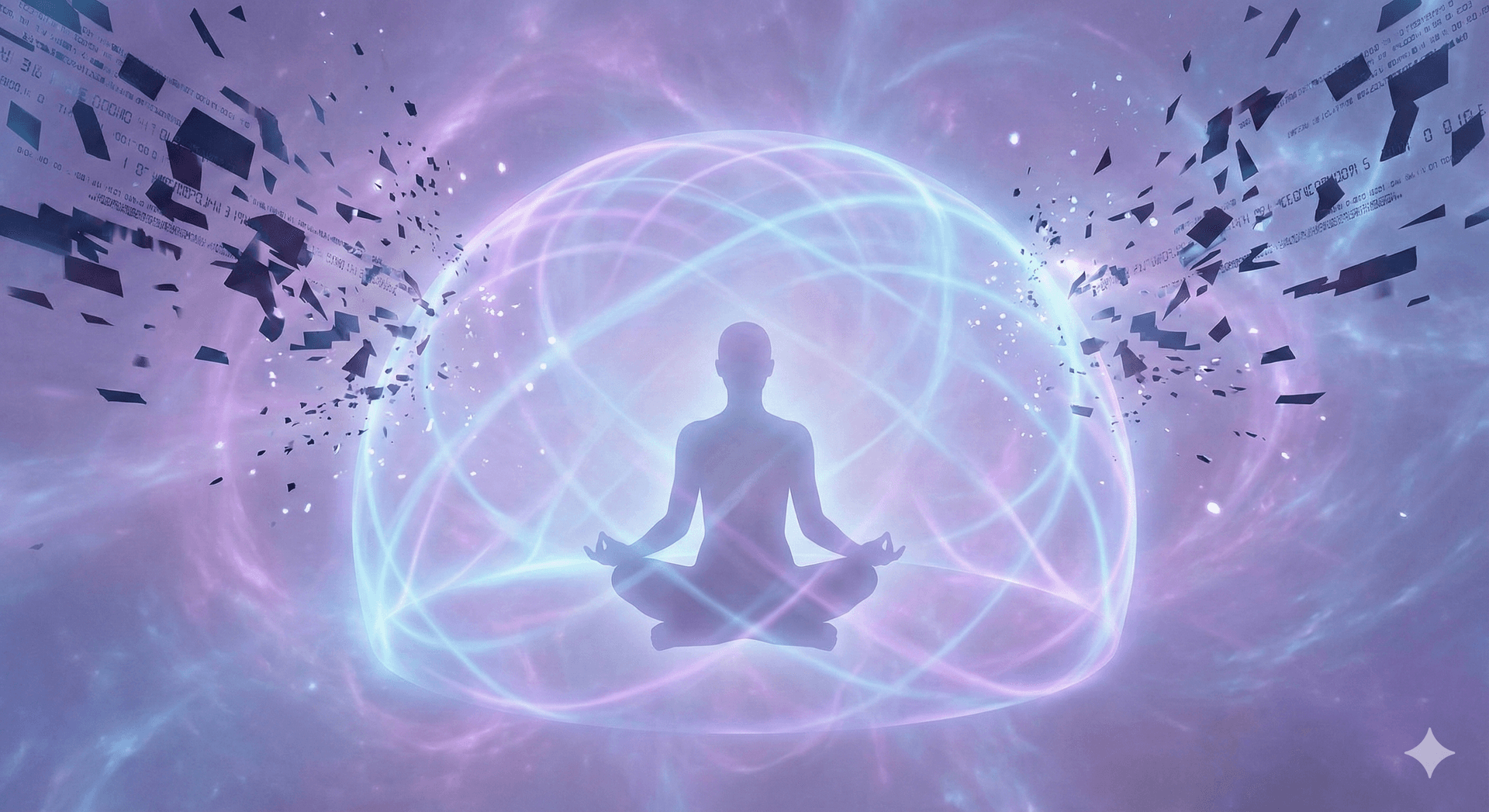 Person protected by glowing digital shield blocking threatening content