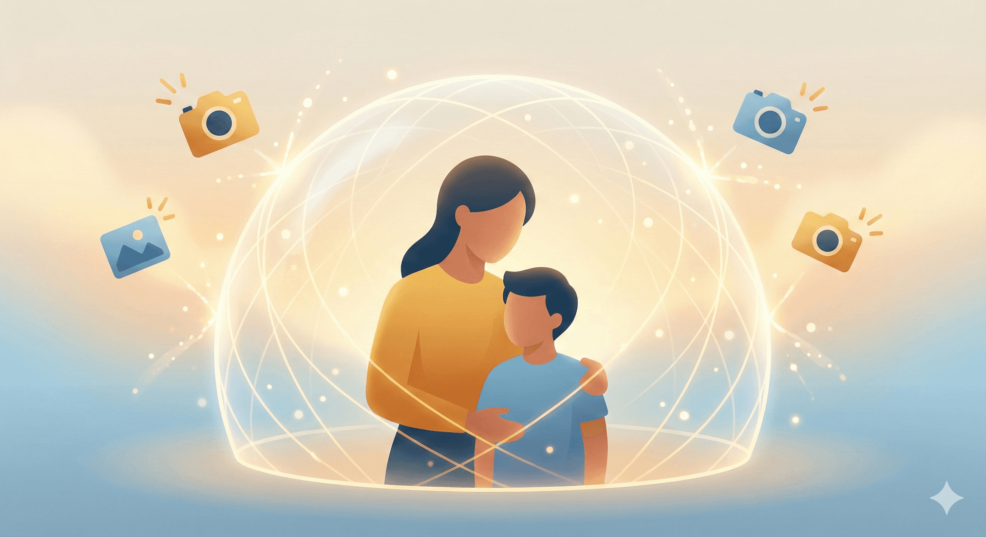 Parent and child surrounded by protective digital shield with camera icons
