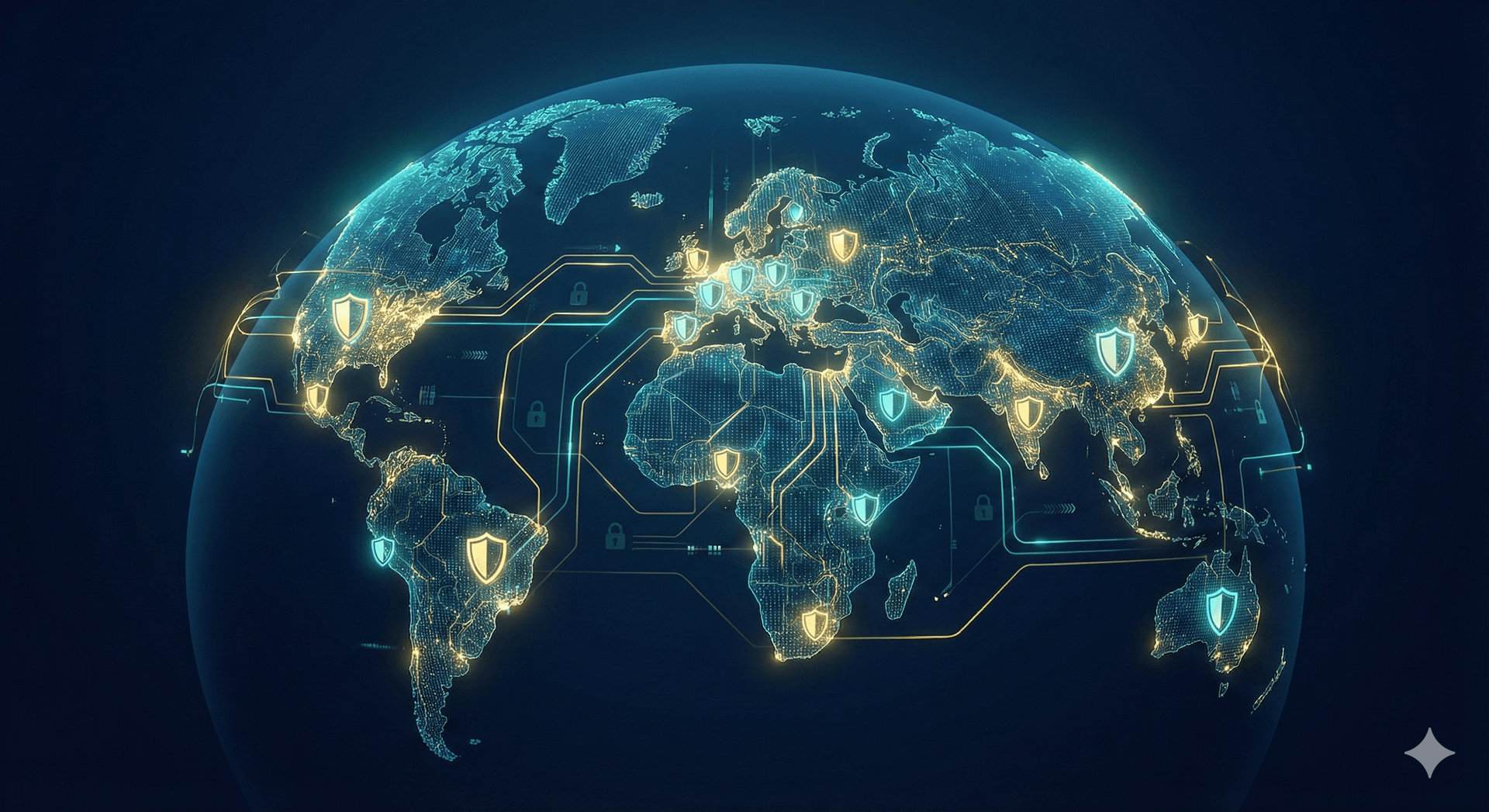 World map with privacy shield icons across continents showing global privacy laws